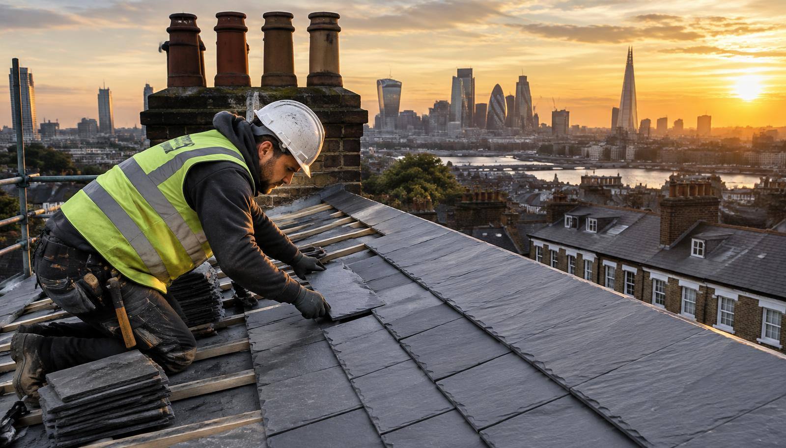 Roofer laying natural slate on a London terrace with the City skyline behind